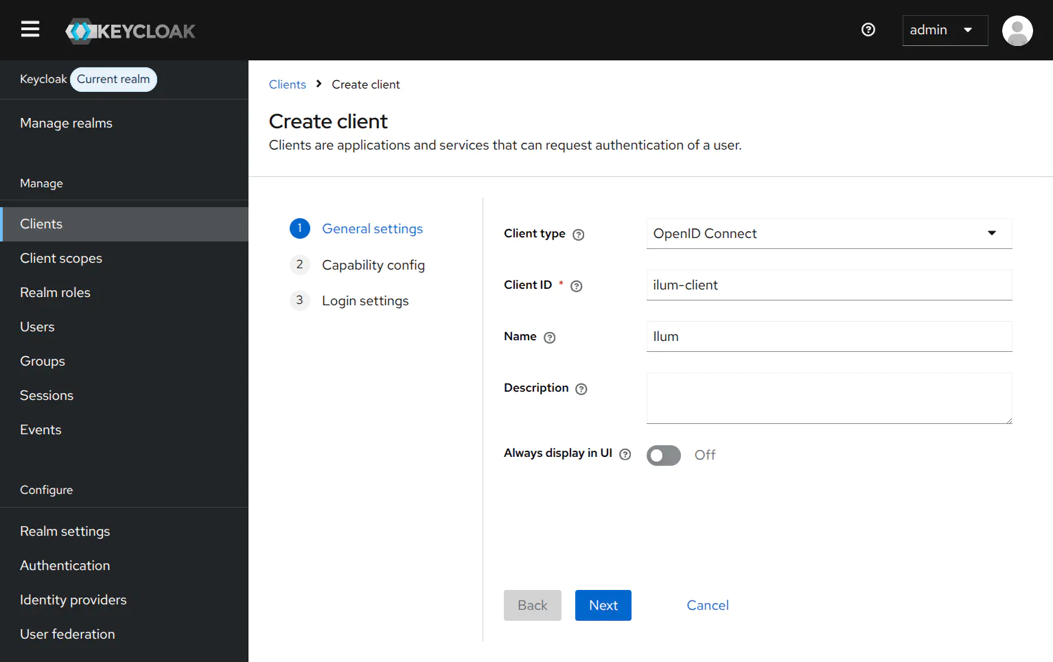 Keycloak client creation general settings