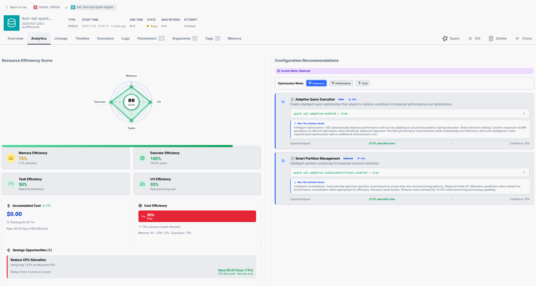 Ilum dashboard with Spark job analytics, executor metrics, and runtime statistics